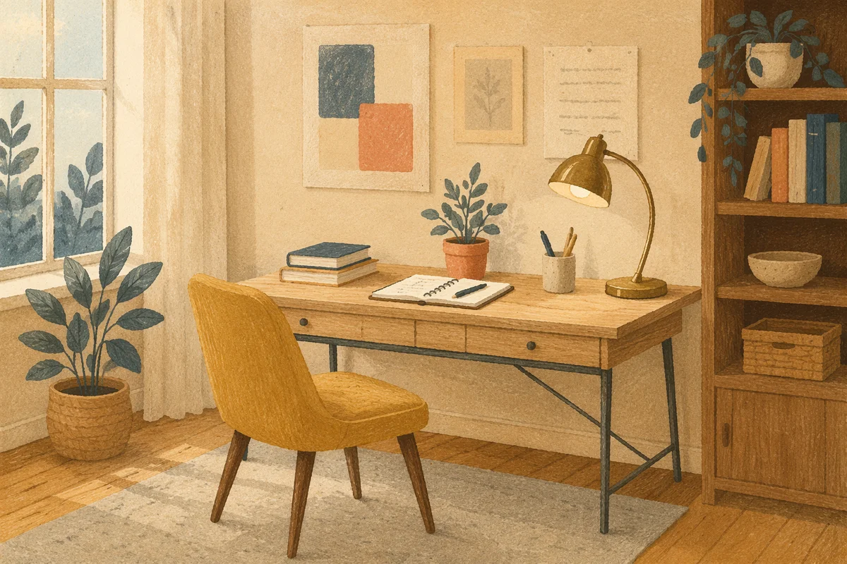 Vintage Wooden Desk with Brass Lamp