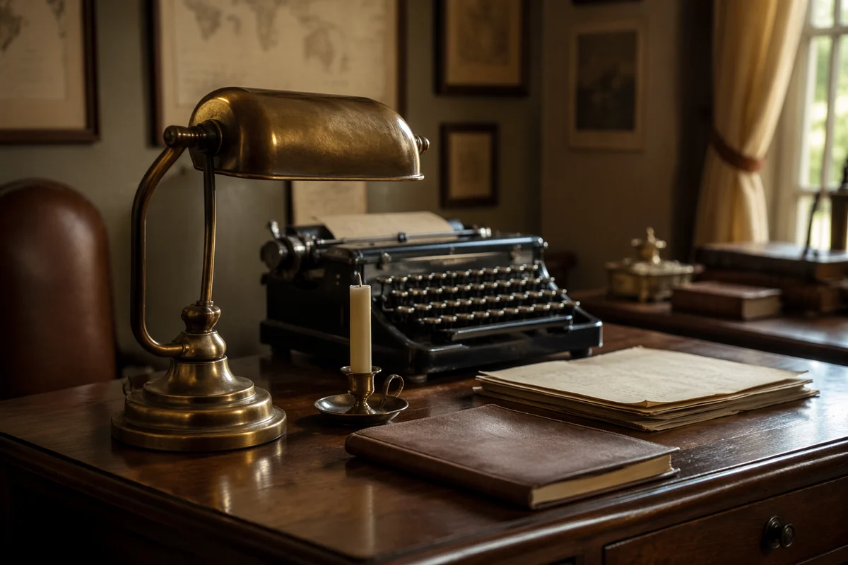 Vintage Wooden Desk with Brass Lamp