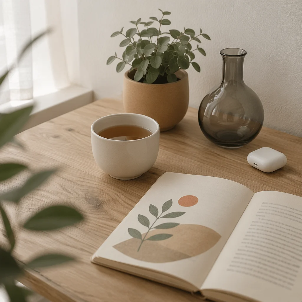 Minimal Zen Desk with Tea and Journal