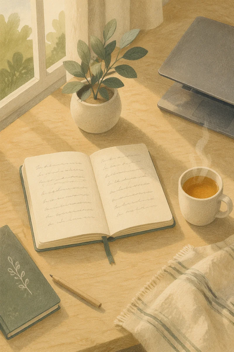 Minimal Zen Workspace with Journal and Tea