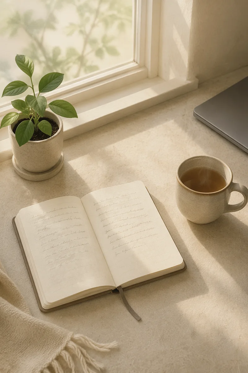 Minimal Zen Desk with Journal and Tea