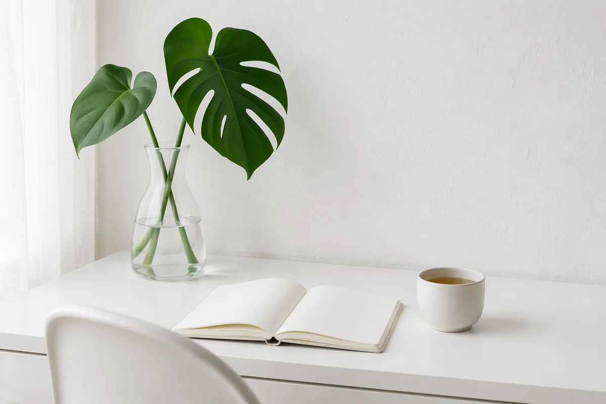Minimal Zen Desk with Tea and Greenery