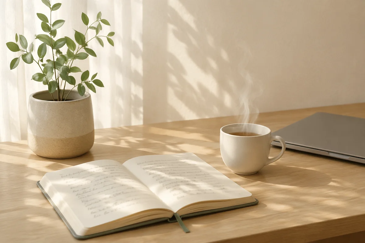 Minimal Zen Desk with Tea and Journal