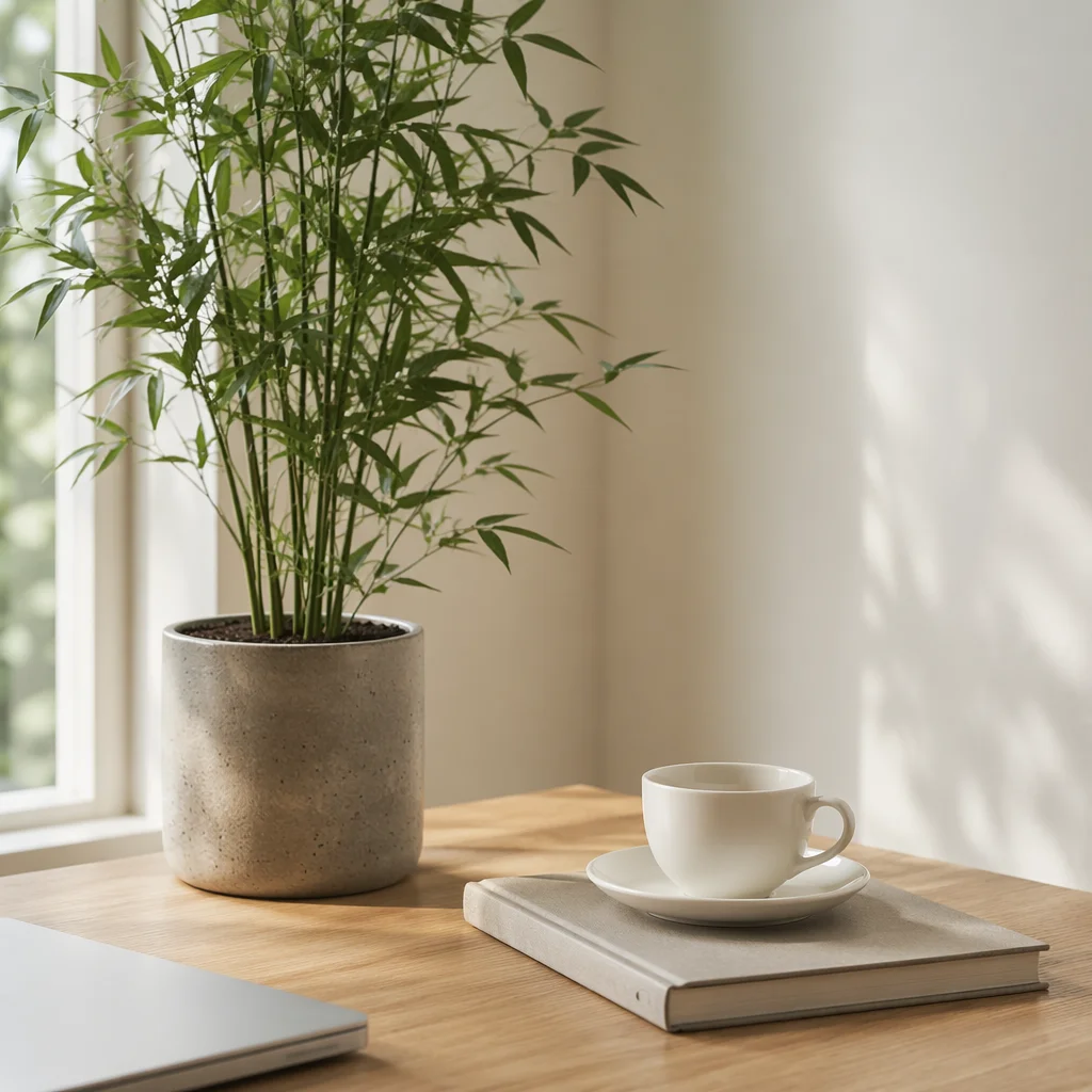 Minimal Zen Desk with Plant and Tea