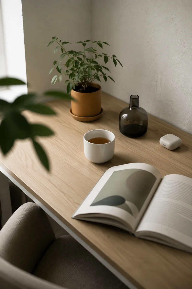 Minimal Zen Desk with Tea and Journal