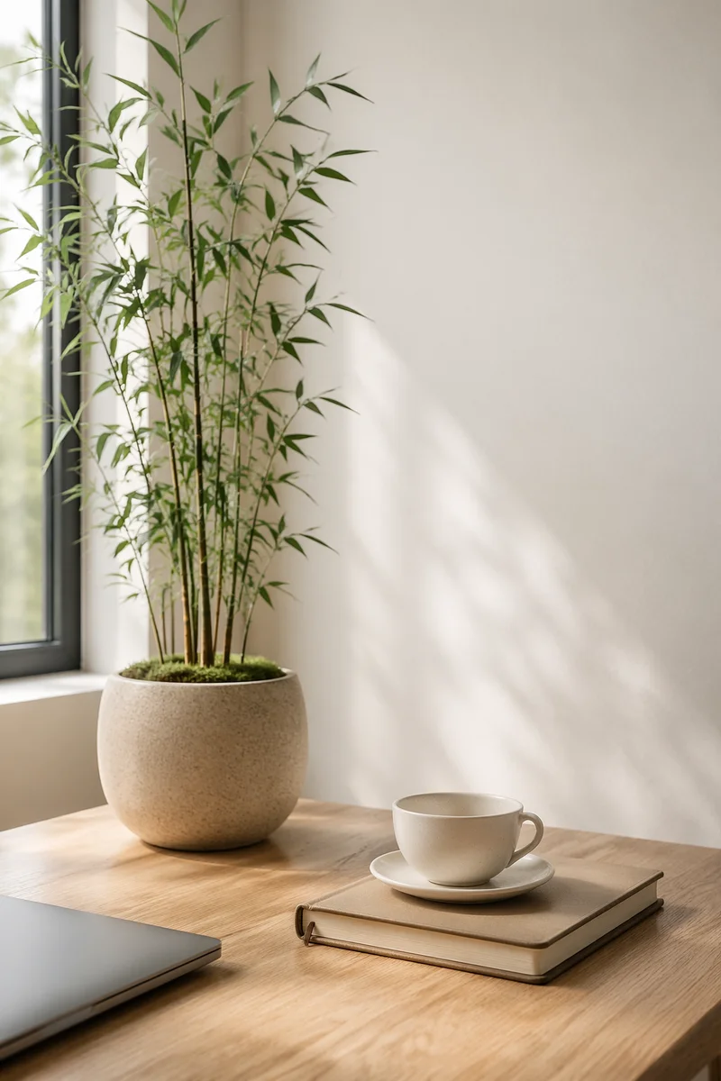 Minimal Zen Desk with Plant and Tea