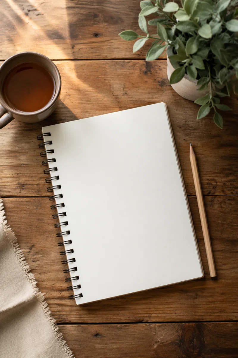 Minimal Zen Desk With Journal and Tea