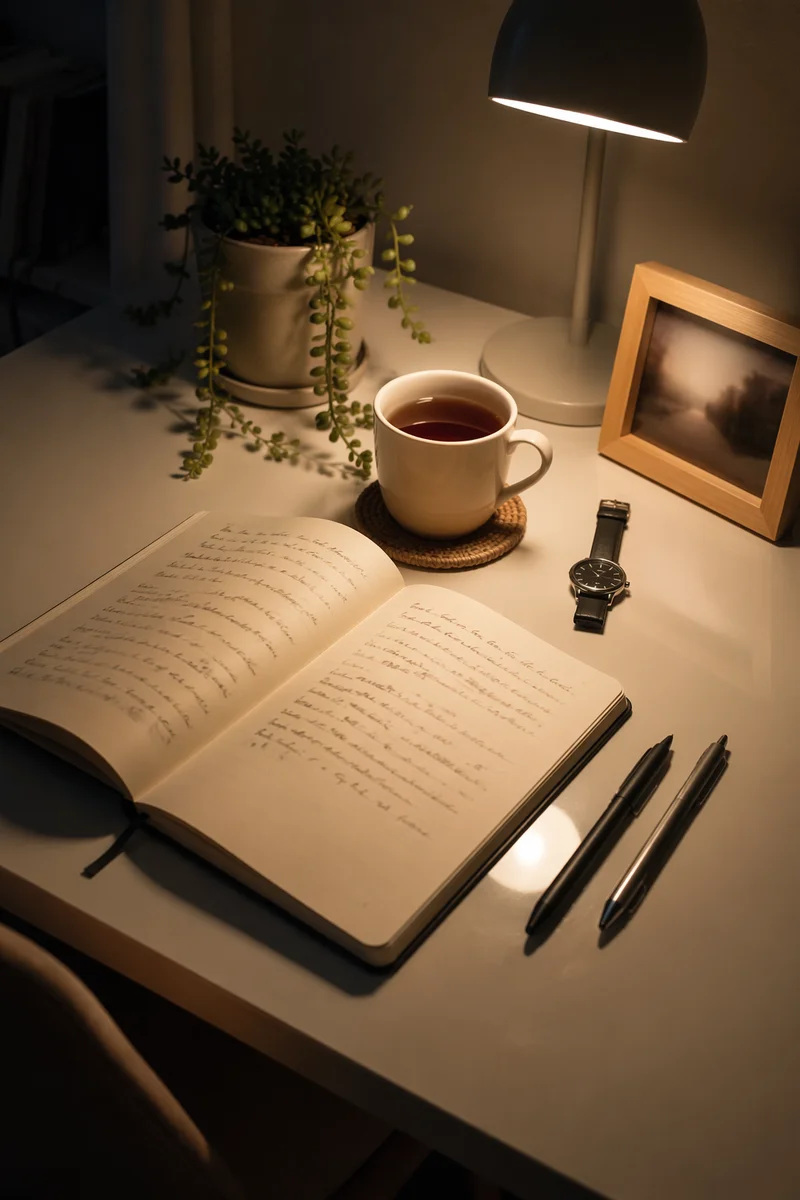 Minimal Zen Desk with Journal and Tea