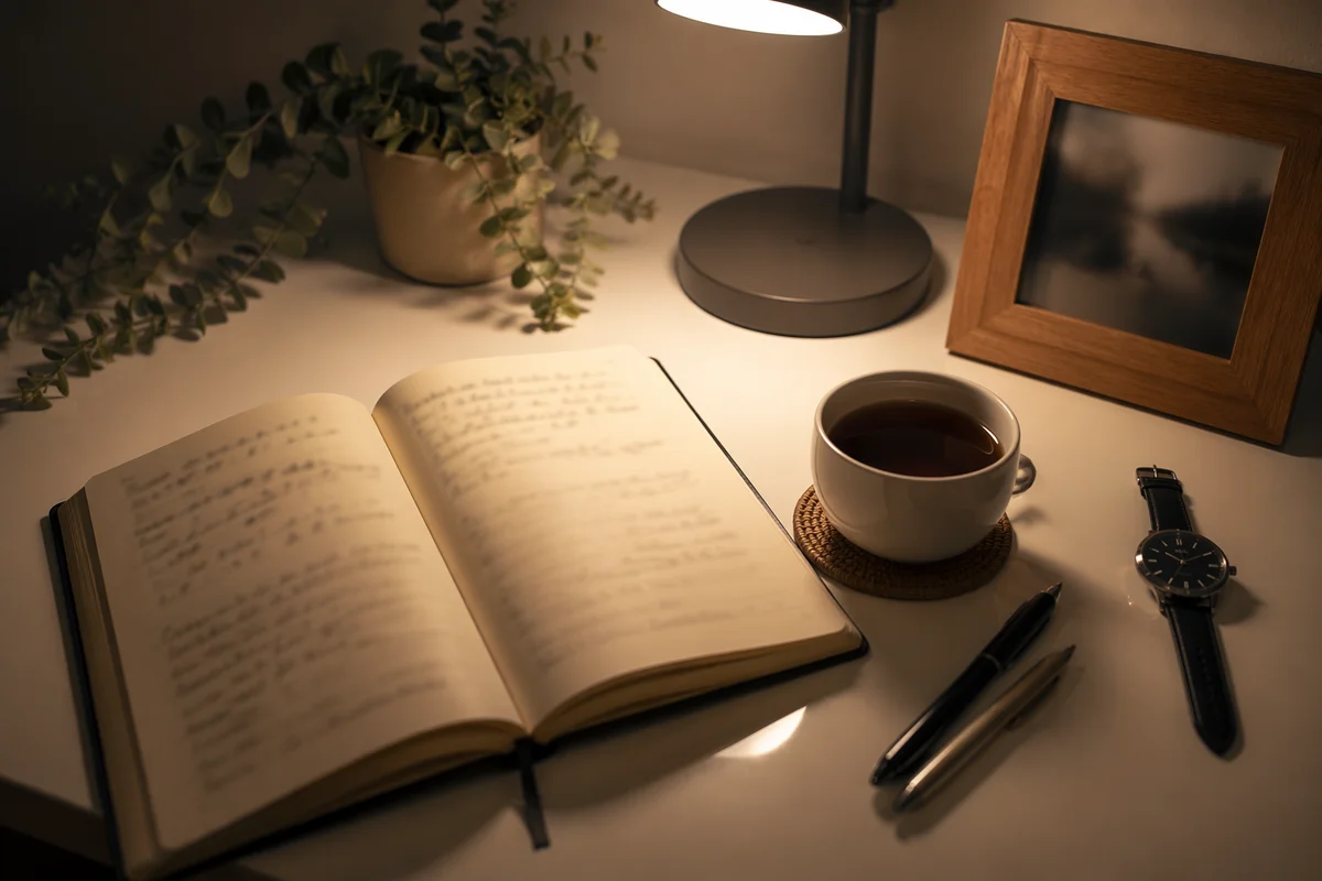 Minimal Zen Desk with Journal and Tea