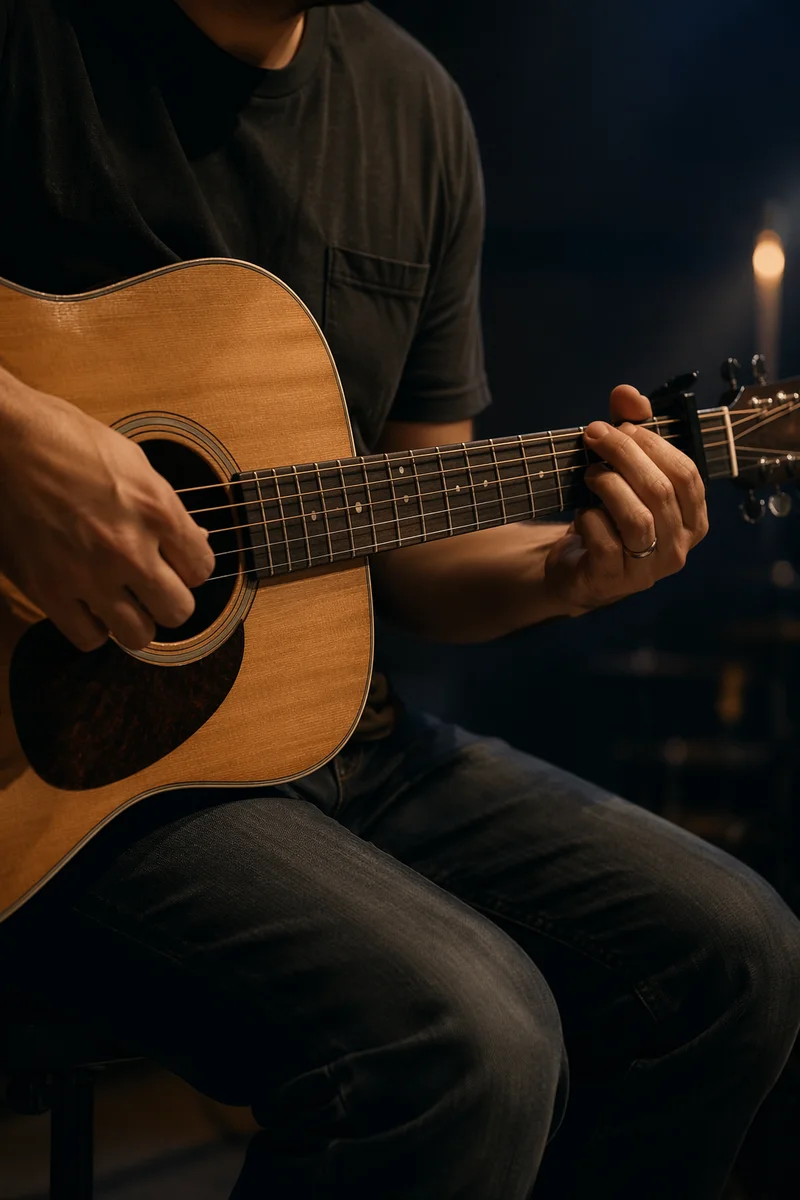 Acoustic Guitar Worship Hands in Warm Spotlight