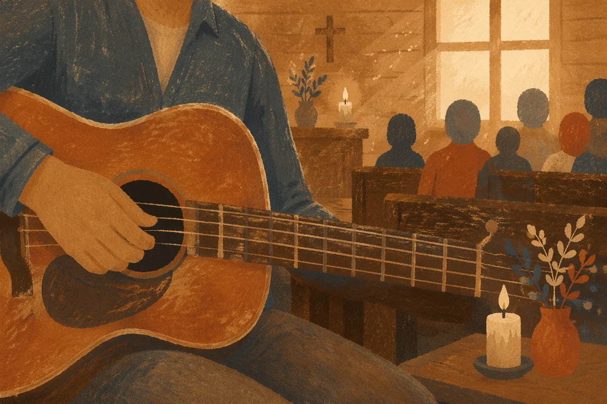 Close-Up Acoustic Guitar Worship in Wooden Chapel