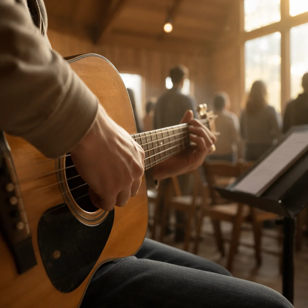 Acoustic Guitar Worship in Wooden Chapel