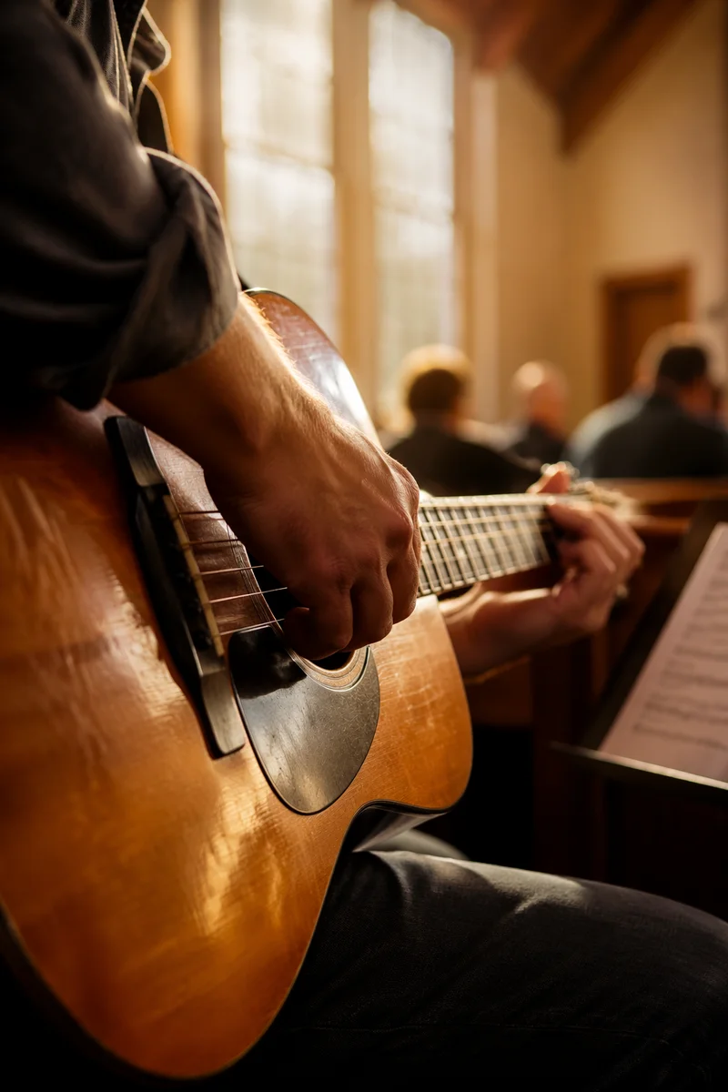 Close-Up Acoustic Guitar in Quiet Worship