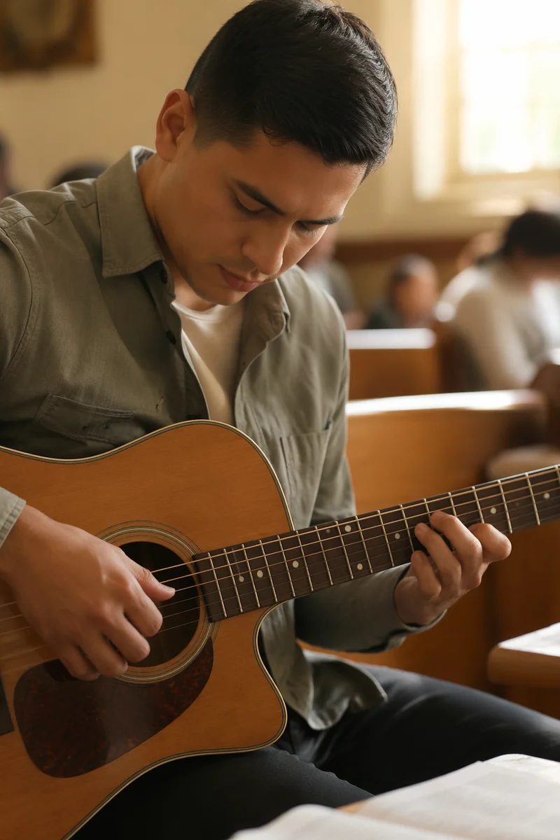 Young Man Playing Acoustic Guitar Indoors