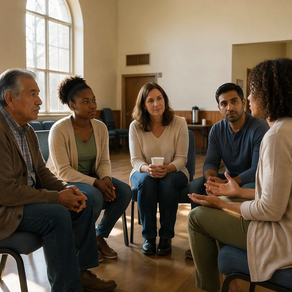 Support Group Meeting in Sunlit Room