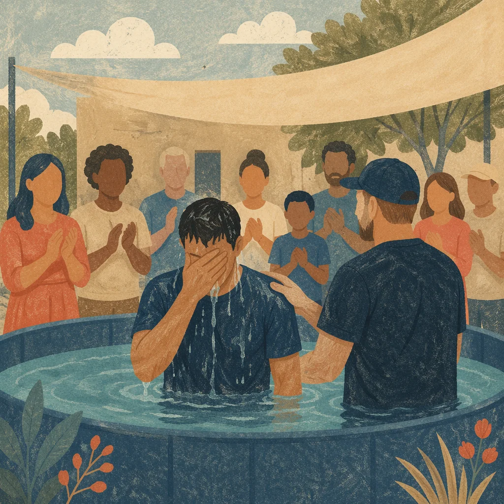Adult Baptism in Church Courtyard Pool