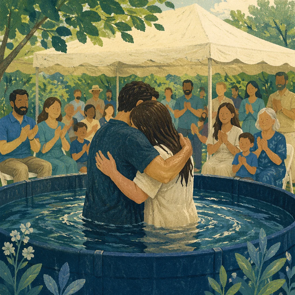 Outdoor Church Baptism Embrace Under Canopy