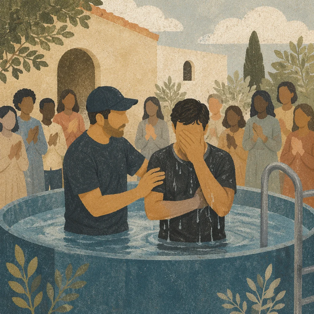 Adult Baptism in Church Courtyard Pool