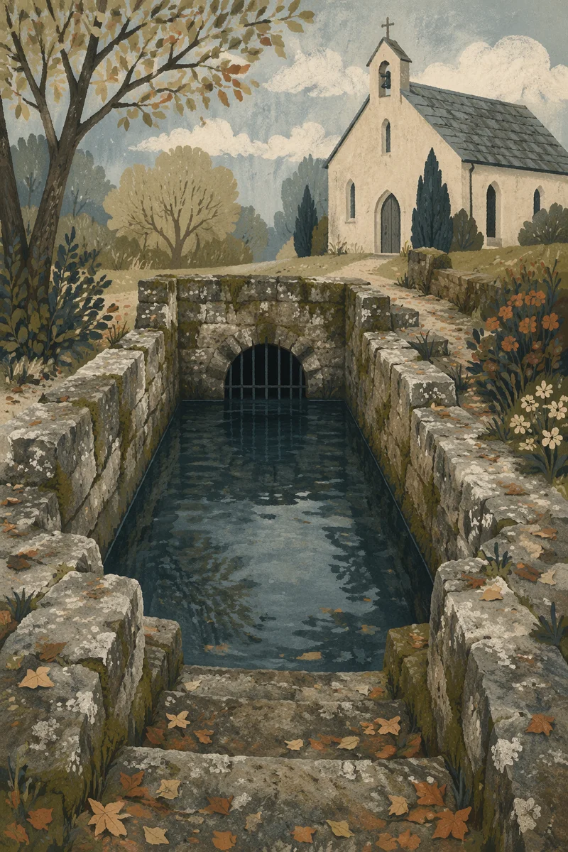 Weathered Stone Baptism Pool by Rural Church