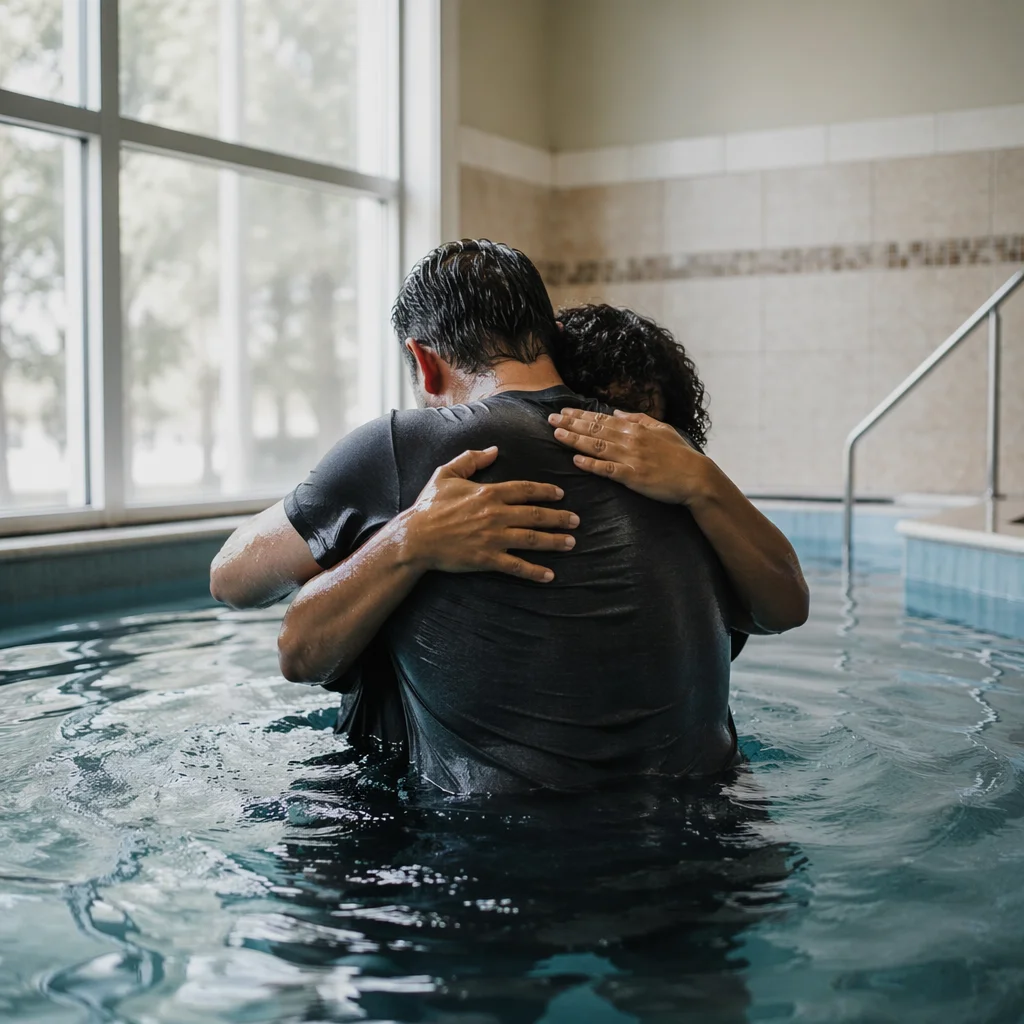 Adult Baptism Embrace in Church Pool