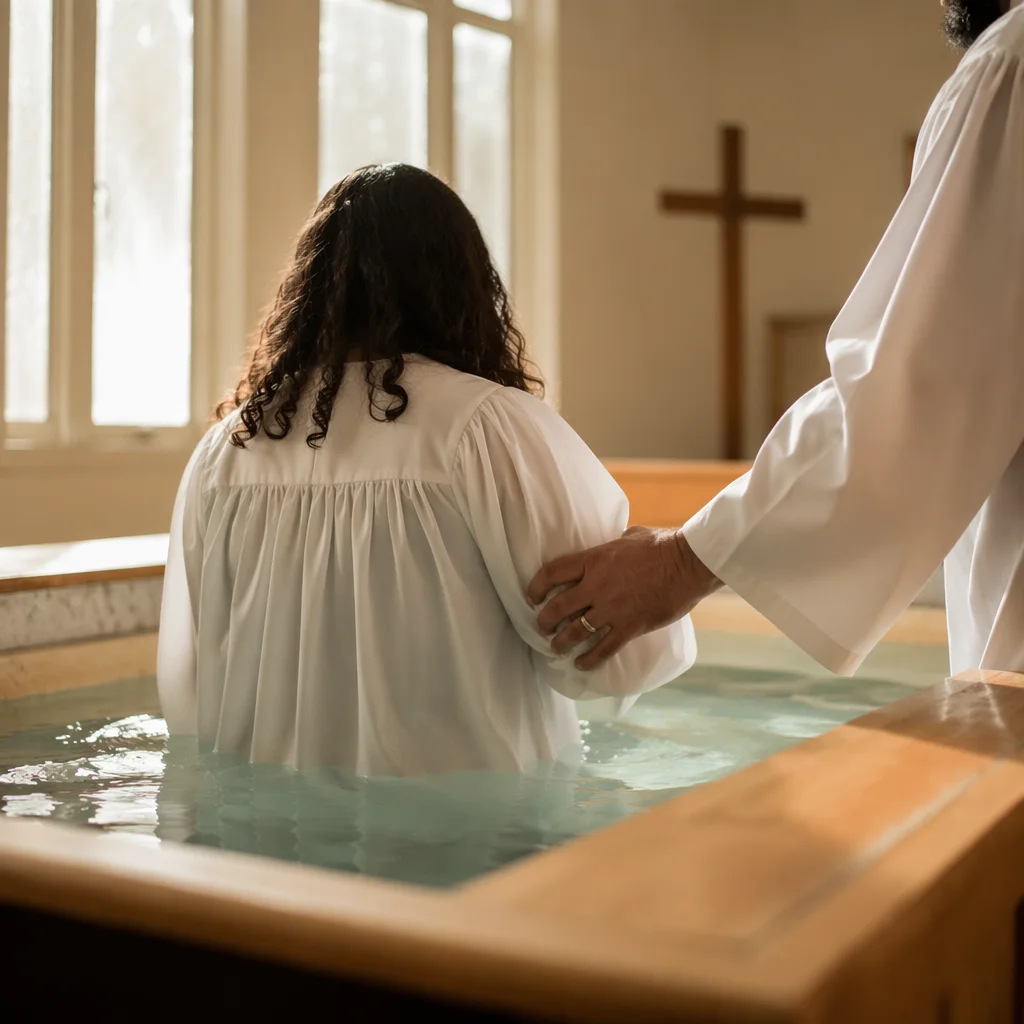 Adult Baptism in Warm Church Sanctuary