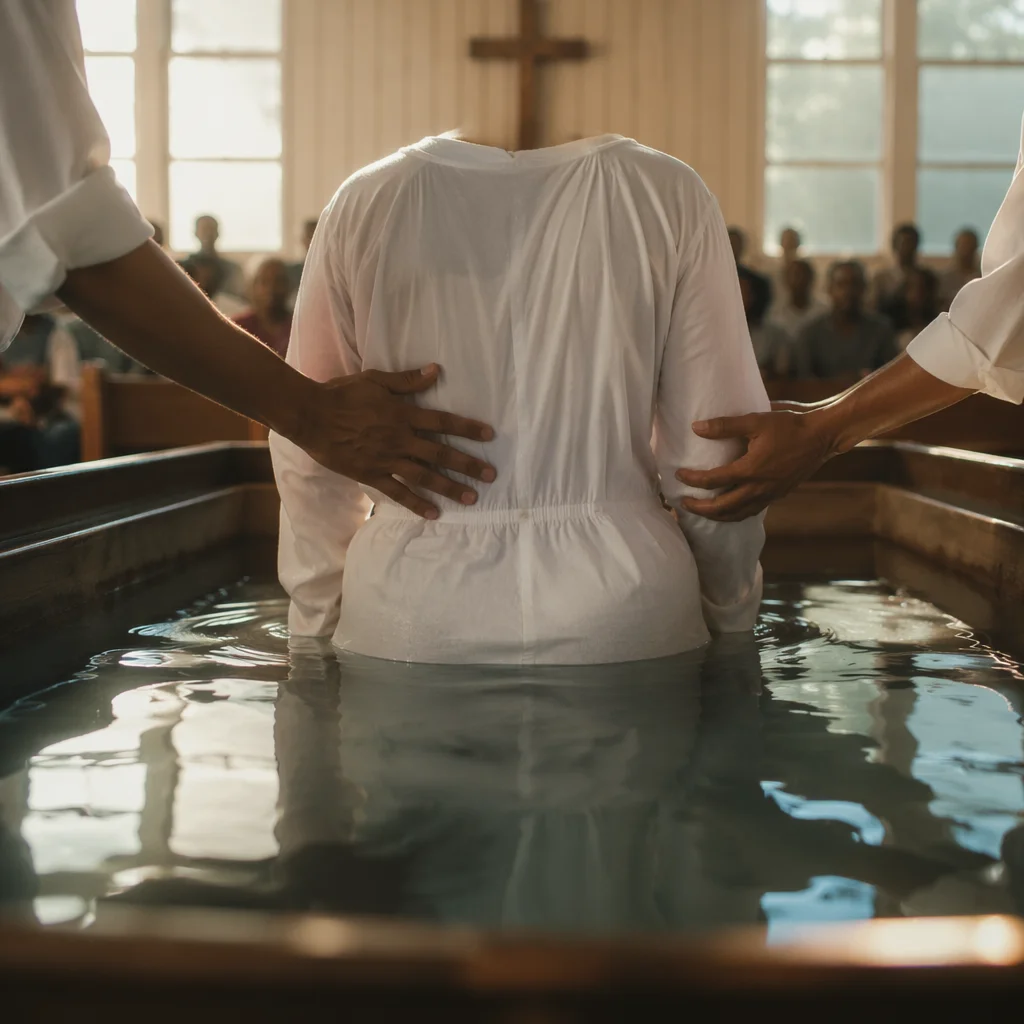 Adult Baptism in Wooden Church Sanctuary