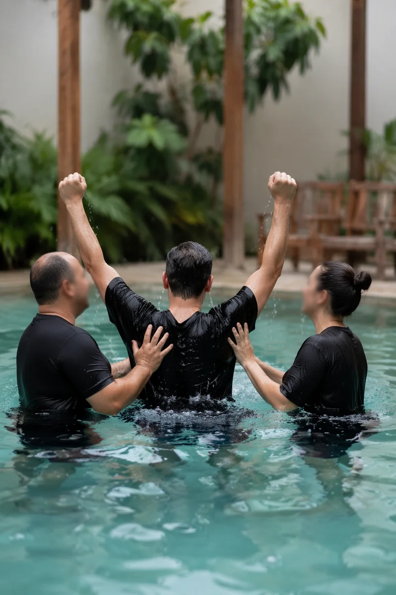 Joyful Adult Baptism in Church Courtyard
