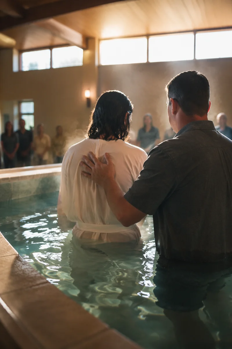 Adult Baptism in Warm Church Light