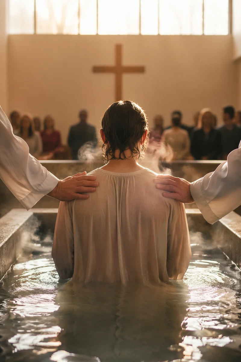 Adult Baptism in Warm Morning Light