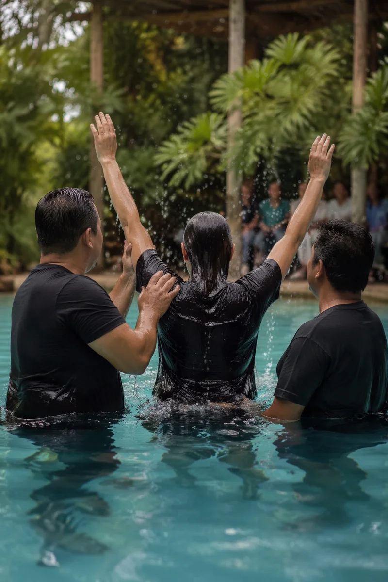 Joyful Adult Baptism in Church Courtyard Pool