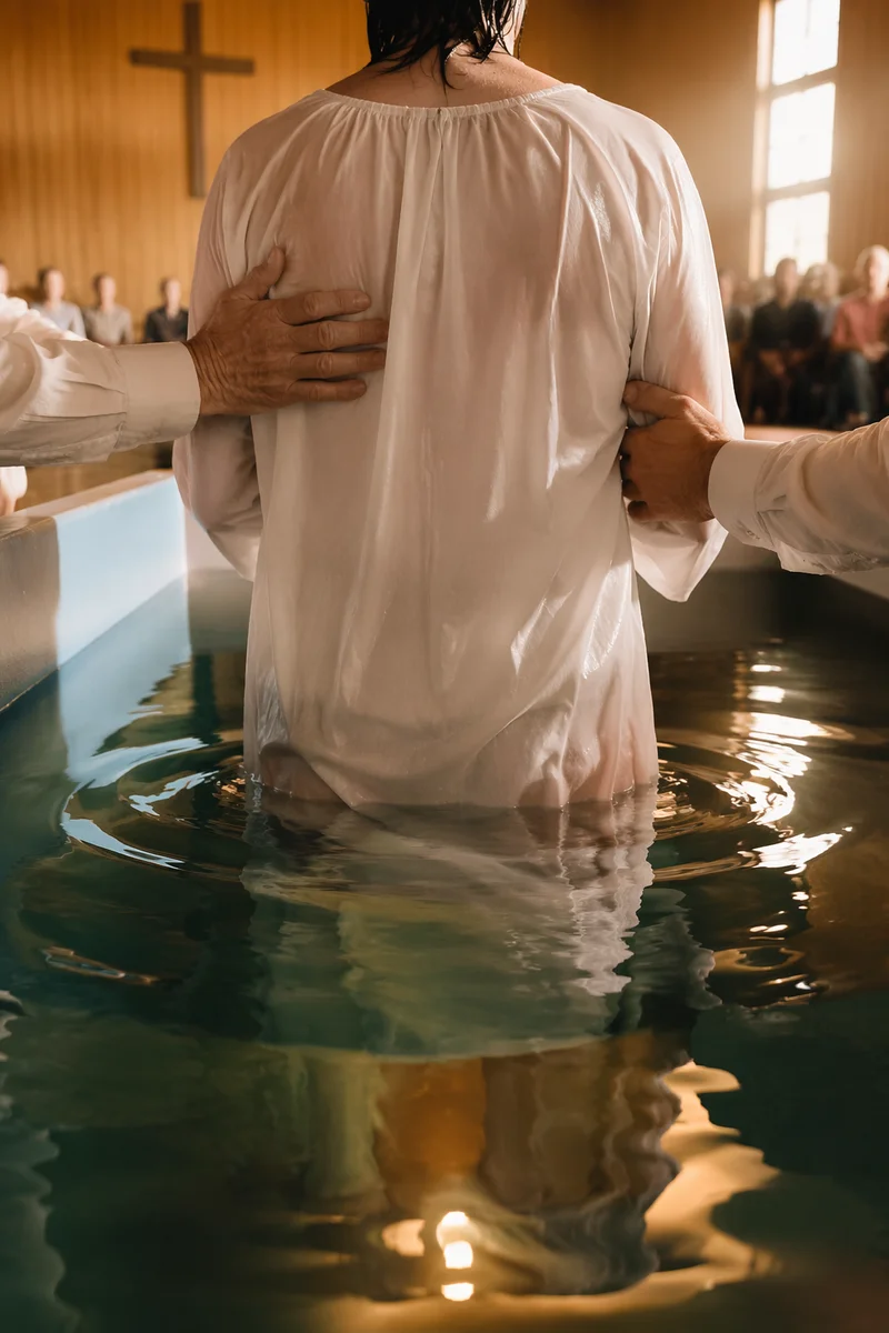 Reverent Adult Baptism in Wooden Church