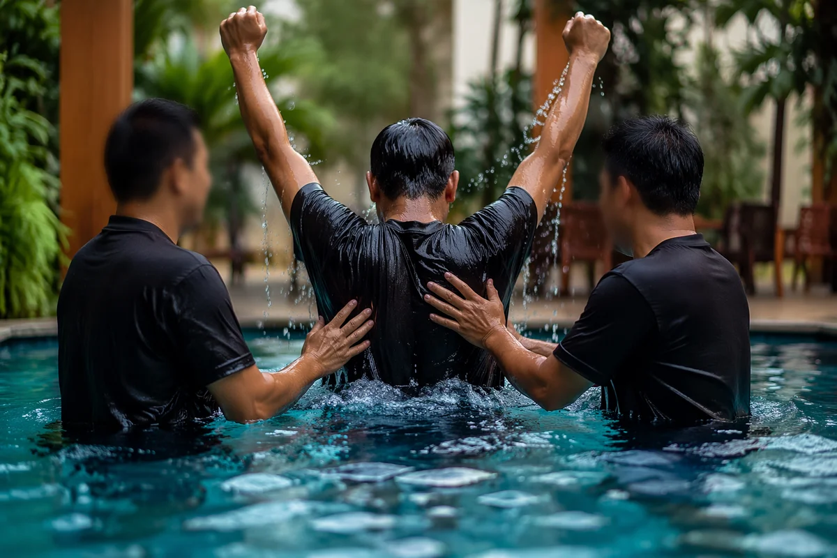 Joyful Adult Baptism in Church Courtyard