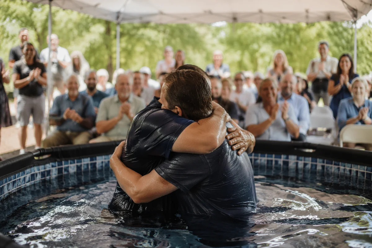 Outdoor Adult Baptism Embrace at Church