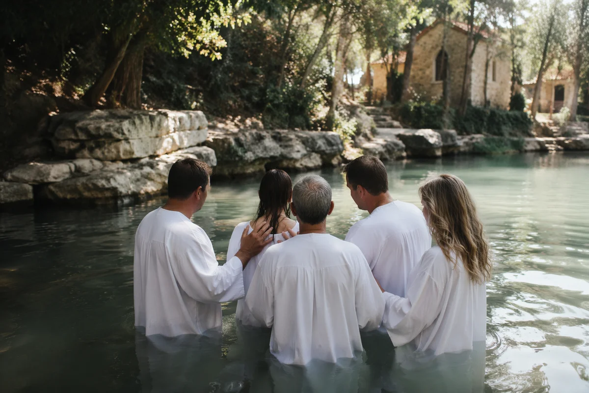 Peaceful Adult Baptism in Outdoor River Pool