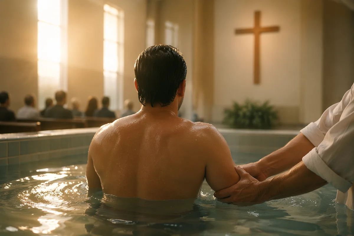 Adult Baptism in Warm Church Light