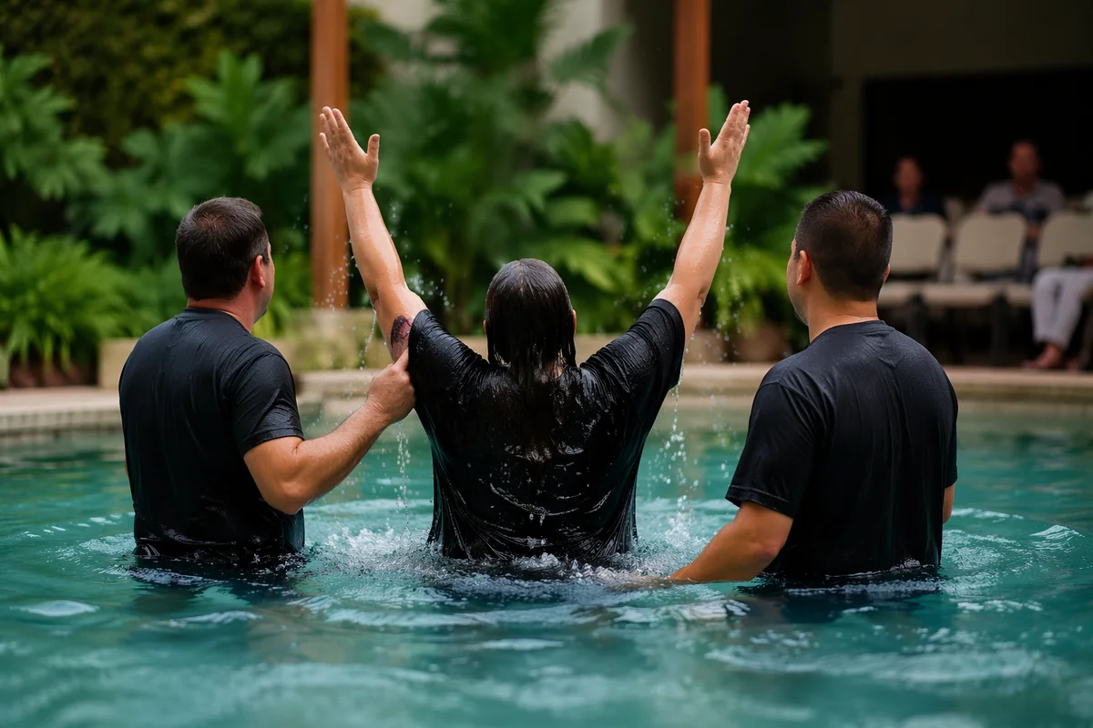 Joyful Adult Baptism in Church Courtyard Pool
