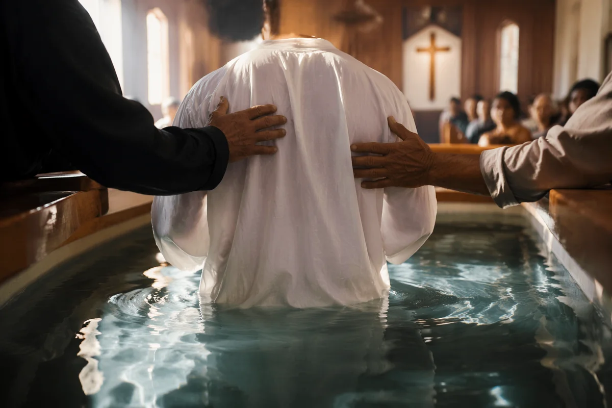 Reverent Adult Baptism in Wooden Church