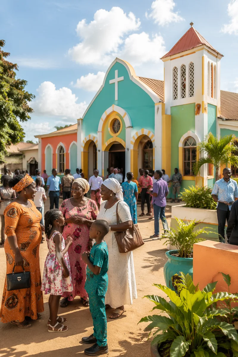 Colorful African Church Courtyard Community Gathering