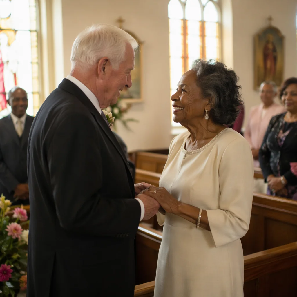 Elderly Couple Celebrating in Sunlit Church