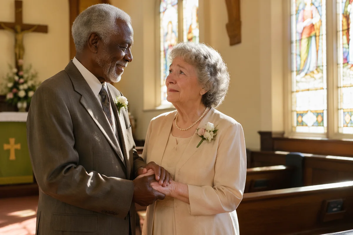 Elderly Couple Holding Hands in Church