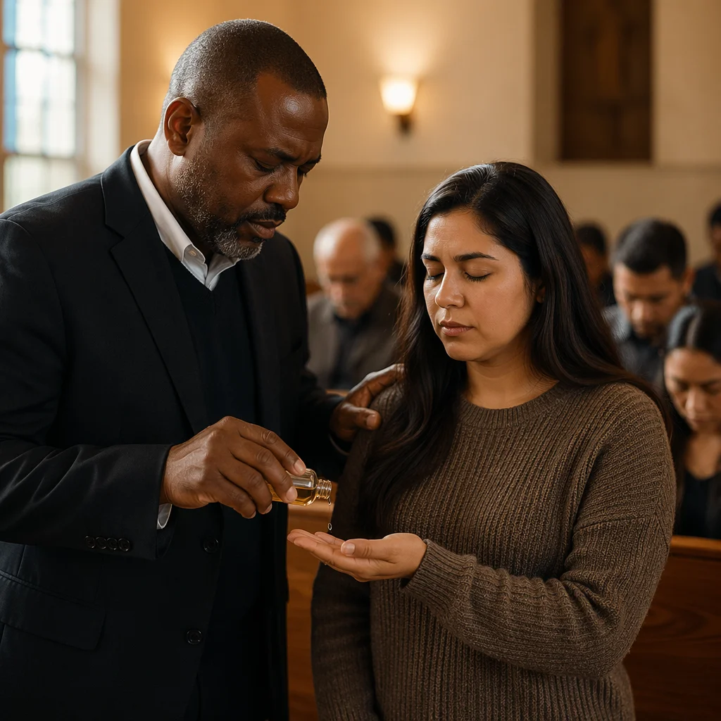 Pastor Praying with Anointing Oil in Church