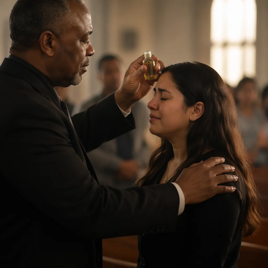 Pastor Praying with Anointing Oil for Healing