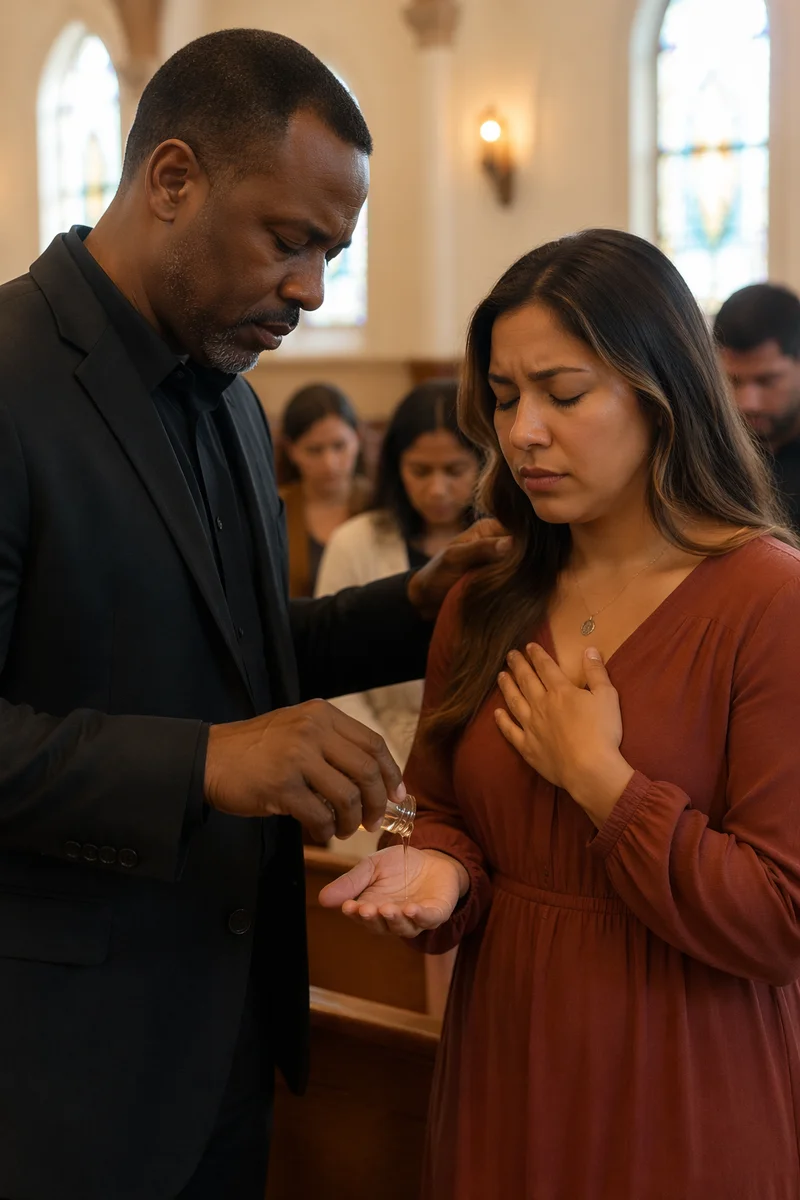 Pastor Praying with Anointing Oil in Church