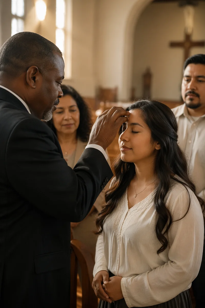 Pastor Anointing Woman in Sunlit Sanctuary