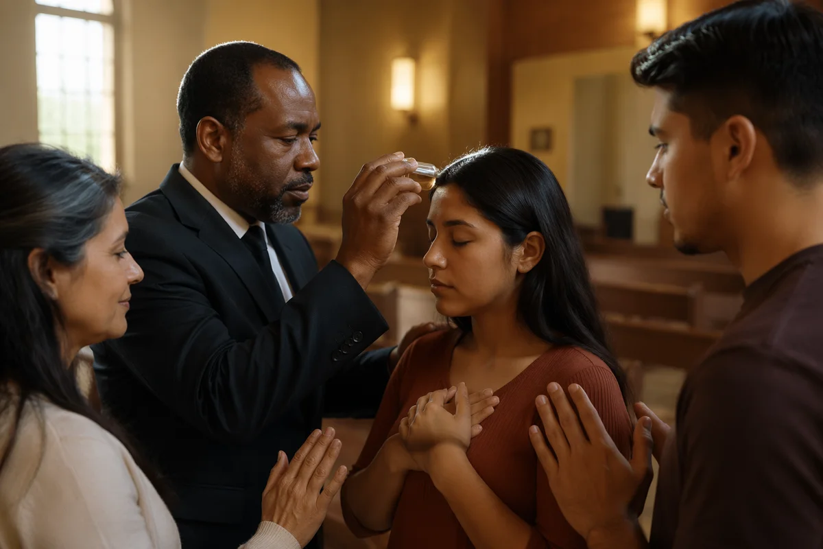Pastor Anointing Woman During Prayer Service