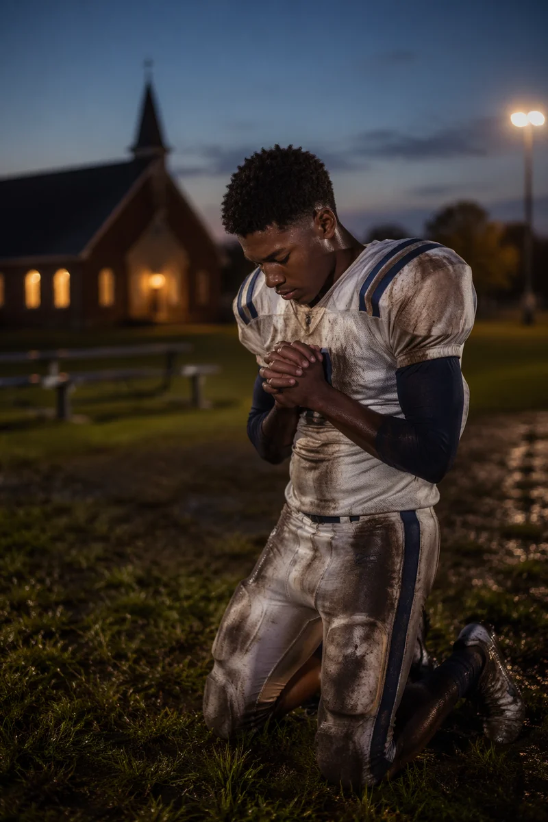 Athlete Kneeling in Prayer After Game