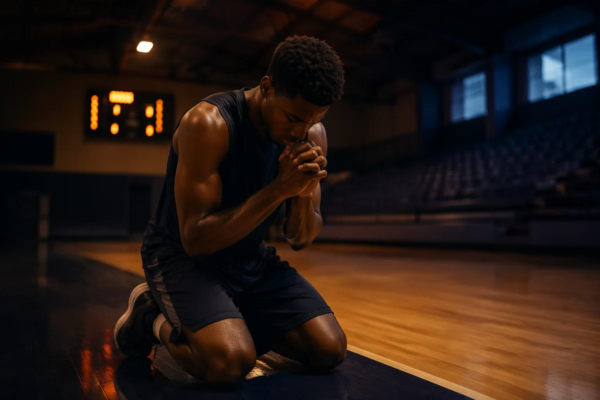 Athlete Kneeling in Prayer on Court