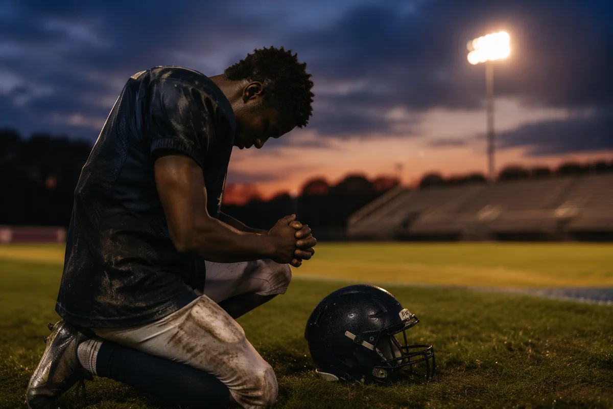 Athlete Kneeling in Prayer After Game