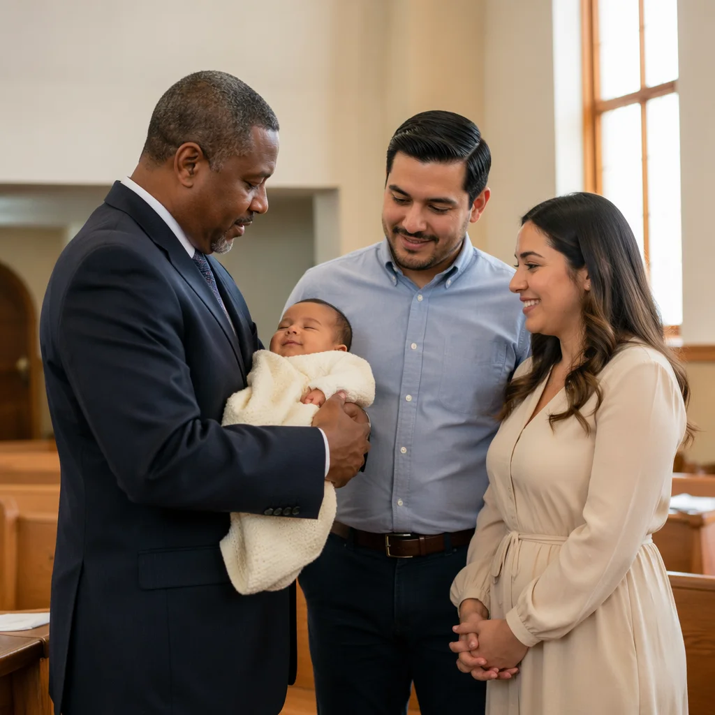Pastor Holding Infant Beside Smiling Parents