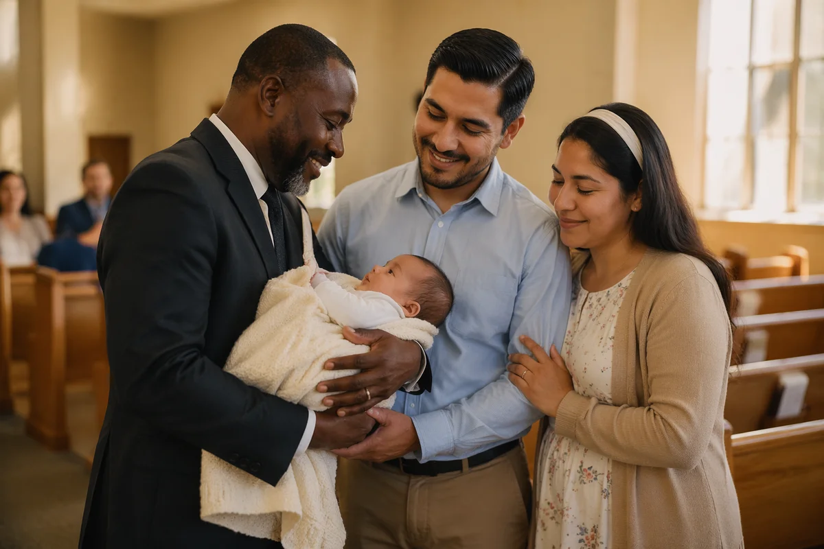 Pastor Holding Infant with Parents in Church